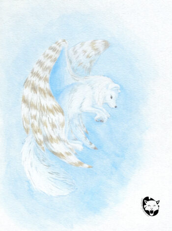 I have decided to create my own kinds of enfield creatures.
My enfield creatures are foxes with wings rather than the traditional version which can have
three combinations of animals. I decided to create one combining an arctic fox with a snowy
owl. The result was this rather challenging painting. Painted in washes of ink, this piece was
tricky to keep the snow white color and the added shadows to give a mythical appearance.