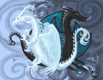 This painting of two dragons represents dark and light, yin and yang. Both are required to
balance each other. It was inspired by the video game series Fire Emblem’s characters called
Naga and Grima, with my own twist on how they look. They intertwine with each other with the
the background twisting behind them. This piece was painted digitally and is available in a
variety of sizes of prints.