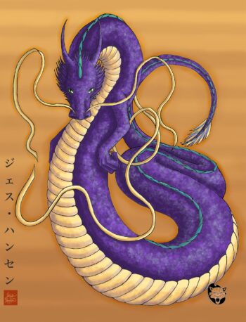 The eighth painting in my Colors of Dragons series. This series focuses on the different colors
of dragons and their symbolic meaning in Asian culture. Purple represents a variety of things
depending on the culture. In Asian cultures it can be a form of devotion, while in Western
countries it can be a color used by the royal and wealthy. Poised in a noble position, the purple
dragon stares down at you with an almost snide expression. This artwork was painted digitally
and is available in a variety of sizes of prints.