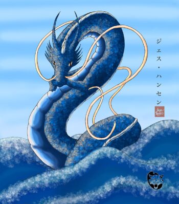 The sixth painting in my Colors of Dragons series. This series focuses on the different colors of
dragons and their symbolic meaning in Asian culture. The blue dragon can symbolize a variety
of things from peace to immortality. Water is often an element associated with this color. I
chose it mainly to represent peace. The ocean water surrounds the dragon as it emerges. This
piece was painted digitally and is available in a variety of sizes of prints.