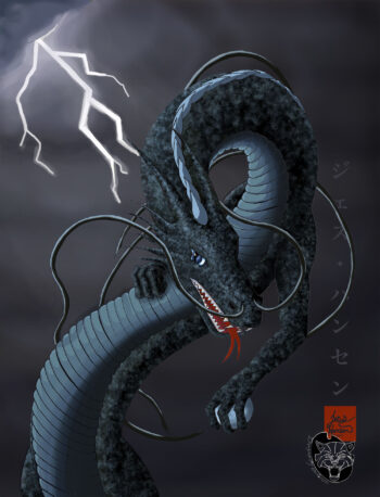 The fourth painting in my Colors of Dragons series. This series focuses on the different colors
of dragons and their symbolic meaning in Asian culture. The black dragon can symbolize
many different things, but I chose power as the primary representation for this piece. It is said
in China that black dragons can cause lighting storms so I loved including the dramatic storm
background. This was painted digitally and is available in a variety of sizes of prints.