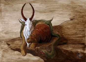 An India ink painting of the mythical creature called the Chimera. My version of the Chimera is
not as deadly scary but caught in a moment of rest. The lion head rests his head on his paw
while the goat and snake tail keep an eye for anything dangerous. I painted this artwork in
earth tones, with a gold metallic fur coat, and reptile green wings and scales. It measures
12"x9" on watercolor paper. The original is for sale at $450.