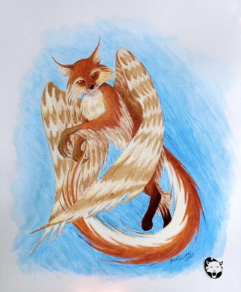 I created another painting of an enfield with this one flying. This one combines a red fox with a hawk, and possesses a few different features then the first enfield. The enfield turns to look at the viewer while curling its tail in flight. This piece measures 9”x12”. It is for sale at $450.