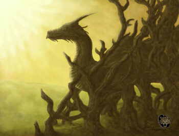 forest dragon emerging from its hidden surroundings. In a surreal landscape it is barely
viewable in the mist of the morning. The wooden trees are rough and textured. You must look
in detail to see the dragon in profile. I wanted to give a mysterious feeling to dragon. This
piece was painted digitally. It is available in a variety of sizes of prints.