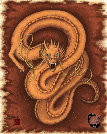 The eleventh painting in my Colors of Dragons series. This series focuses on the different
colors of dragons and their symbolic meaning in Asian culture. The bronze dragon is a symbol
of a warrior. I wanted to make the dragon look like it is emerging from a tattered banner to
attack. His sapphire eyes stare while the fiery ashes sparkle around him. This was piece was
created digitally. It is available in a variety of sizes of prints.