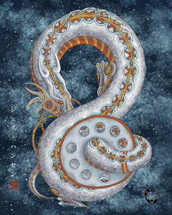 The final thirteenth installment of my Colors of Dragons series is the Silver dragon. The silver
dragon symbolizes the moon and modernism. I chose to make this dragon with gears and
steampunk attributes. Conveying an infinite growth this dragon poses in a movement almost
like the infinity symbol. It was painted digitally and is available in a variety of sizes of prints.