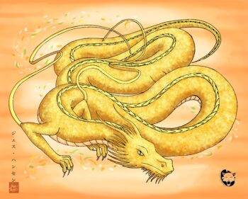 The tenth painting in my Colors of Dragons series. This series focuses on the different colors of
dragons and their symbolic meaning in Asian culture. The yellow dragon has similar meanings
to the gold dragon, but I’ve chosen to have it represent regeneration. The yellow dragon
represents the Emperor, the earth’s regenerative capabilities, and lastly the fifth heavenly
direction. Interpreted as the center of the earth in some cultures, the yellow dragon has
significant meaning in China. I tried to capture that elegance in this piece. This was painted
digitally and is available in a variety of sizes of prints.