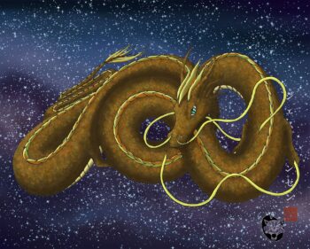 The ninth painting in my Colors of Dragons series. This series focuses on the different colors of
dragons and their symbolic meaning in Asian culture. The brown dragon I’ve chosen to
represent the Earth, and the dragon takes its place with the milky way in the background. It
also can also represent Autumn with its leaf like scales which follow down the spine. I love the
earthy feeling of this dragon, and how the beauty of the stars and milky way shimmer around it.
This artwork was created digitally. It is available in a variety of sizes of prints.