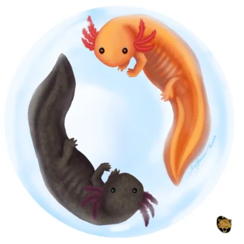 The wild Axolotl is critically endangered. Now only located in
Lake Xochimilco in Mexico the axolotl is nearly extinct. However, in
captivity this species is very popular with many different color
variations. Please help spread awareness of this species so help conserve
them. Circle of Axolotl