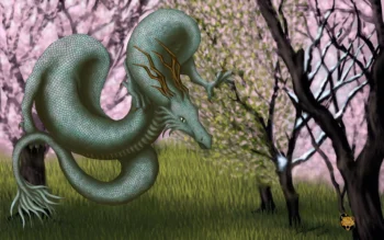 Dragons were honored and powerful creatures in Asian culture.
This dragon is showing its power on a cherry blossom tree causing it to go
through different seasons at once. This piece was painted digitally and is
available in a variety of print sizes Dragon of Seasons