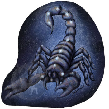 Scorpions are tough creatures. In Greek legend, Scorpio was
sent to defeat Orion. Scorpio is the eighth sign of the zodiac and is based
on the constellation Scorpius. This piece was painted digitally, and prints
are available in the shop. Stars of Scorpio