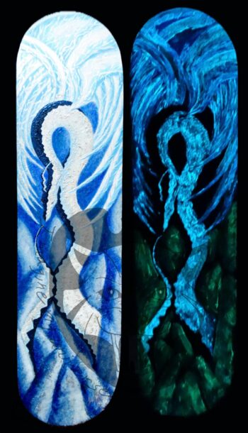 My first skate deck I’ve ever painted was a very fun experiment. Painted with glow in the dark acrylic the mood changes depending on the light. I painted my Divine Beast of Balance to have a more raw feeling with a rough textured surface. I wanted to create the feeling of this beast being both smooth and rough, light and dark, yin and yang. The original has sold. Divine Beast of Balance