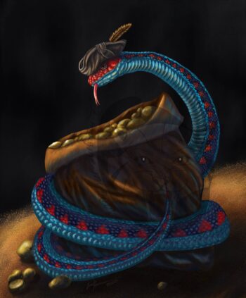The pirate crew is expanding with this newest addition the San Francisco garter snake! It may not be a lizard but a group of pirates has all sorts of members. This member has got their coils on the gold! Painted digitally this piece is available in a variety of print sizes. Check out the shop to see more. Garter of Gold